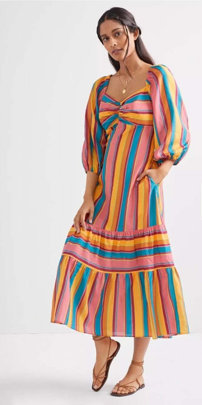 Anthropologie x Farm Rio Multicolor Puff Sleeve Rainbow Stripe Midi Dress XS